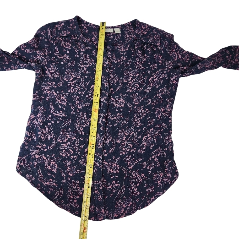 Hinge Navy Blue & Pink Floral Cottagecore Button-Front Blouse 3/4 Sleeve Size XS - Picture 10 of 10